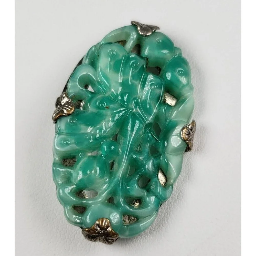 Vintage 1900 - 1920 Art Deco Carved Butterfly Jadeite Jade Silver Tone Brooch - Picture 3 of 14